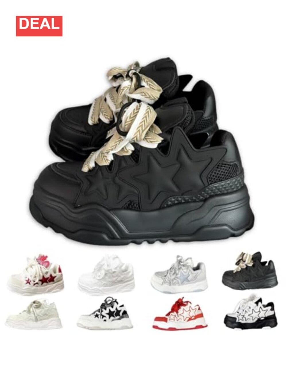 Chunky Platform Sneakers Star Decor Lace-Up PU Mesh Casual Dad Shoes